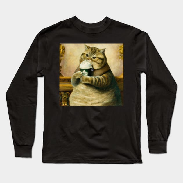 Rennaissance cat drinking Frapp Long Sleeve T-Shirt by Jellyworld